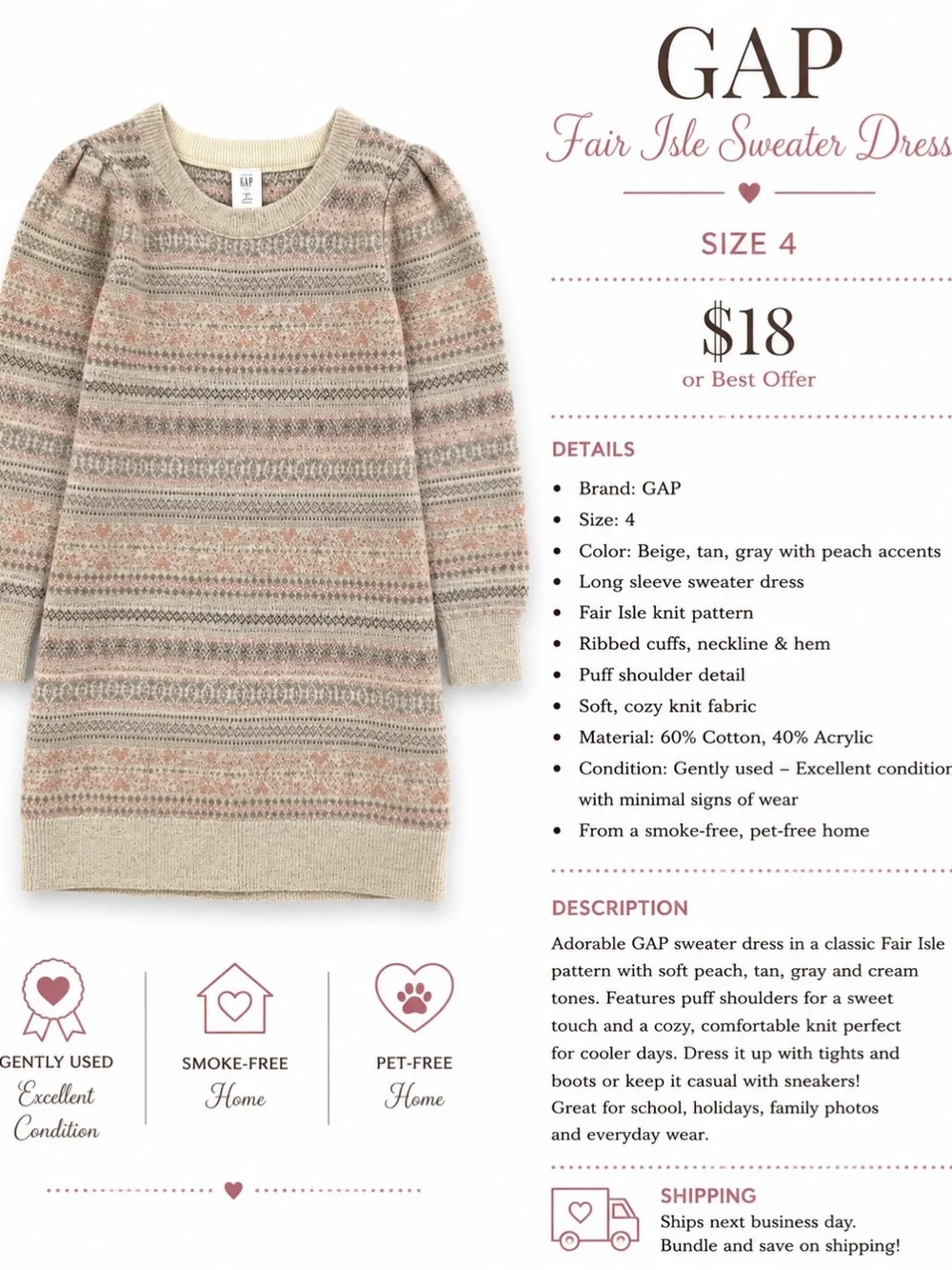 GAP Fair Isle Crewneck Sweater Dress in Beige, Peach and Gray